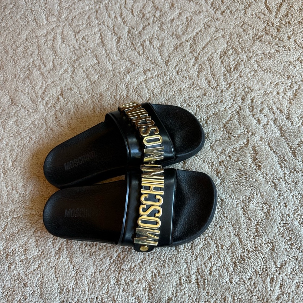 Moschino Black Slides with Gold Lettering